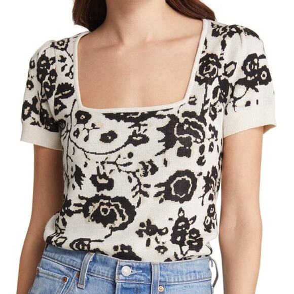Treasure & Bond Floral Square Neck Sweater Shirt Short Sleeve New Womens 2XL - Picture 1 of 8